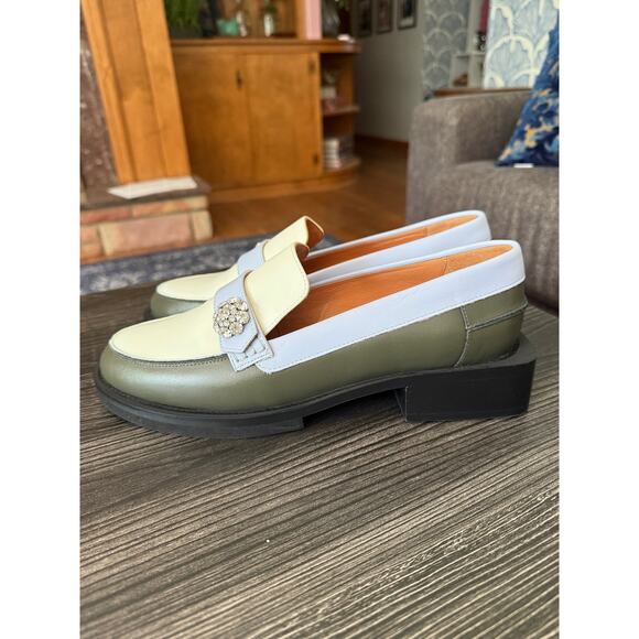 GANNI Light Blue, Hunter Green, and Crème Color Block Loafers Sz. 40 - Picture 4 of 10